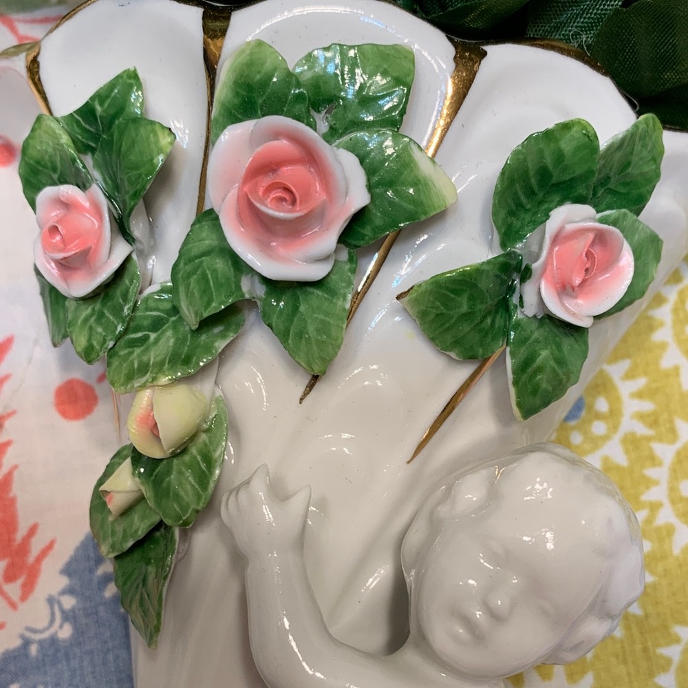 Vintage Dresden Porcelain Floral Cherub Wall Sconce Set - White and Pink - Picture 8 of 16